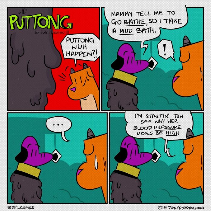 Caribbean webcomic of two colorful dogs, one explaining a misunderstood mud bath and humorously causing high blood pressure.