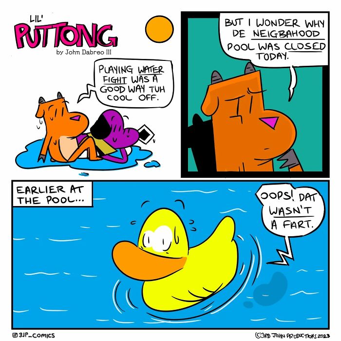 Caribbean webcomics humorously depict an island dog lounging and a duck causing pool confusion.