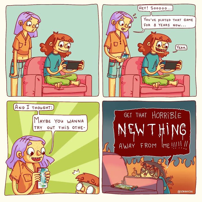 Comic strip with a sarcastic twist about trying new things, featuring characters discussing a game switch.