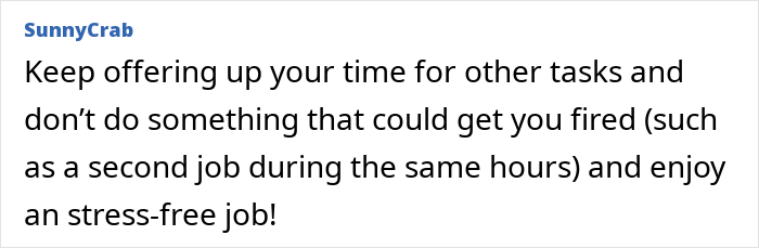 Text by user SunnyCrab advising on time management and job automation for a stress-free work environment.