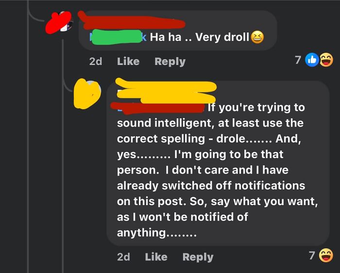 Facebook comment with incorrect spelling correction, showcasing courage over brains.