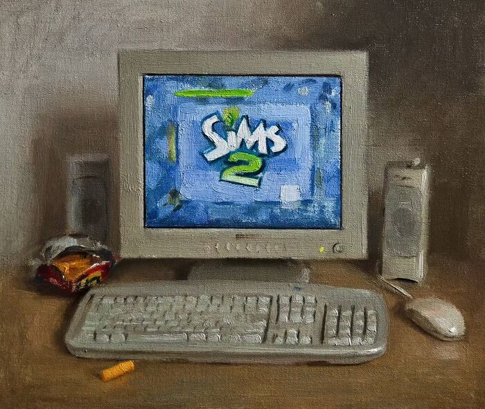 Oil painting of a vintage computer setup with Sims 2 game, reflecting Eastern Europe nostalgia.