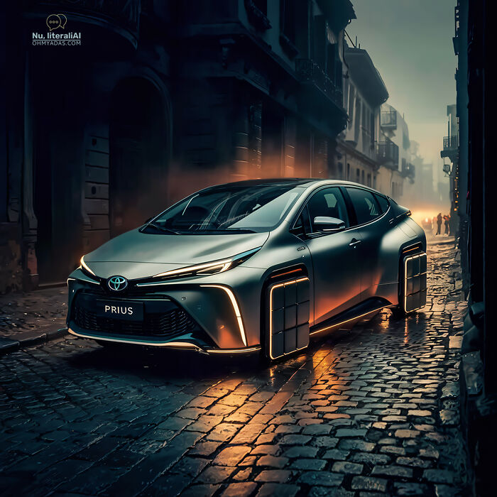 Futuristic Toyota Prius on a cobblestone street, showcasing AI-generated design in dim city lighting.