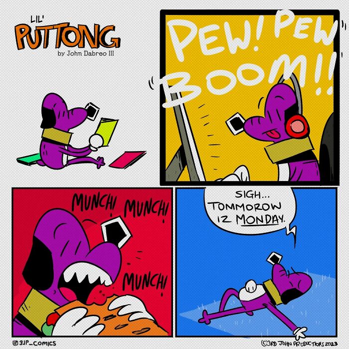 Comic strip featuring a character enjoying island life, gaming, eating, and relaxing, capturing everyday Caribbean humor.