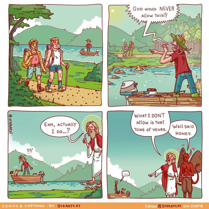 Sarcastic comic with hikers and a surprised man in a boat being addressed by a figure resembling a deity.
