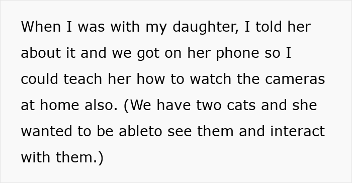 Text exchange about teaching daughter to watch home cameras with pets.