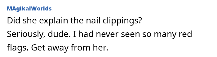 Text exchange about a guy finding a creepy box in his girlfriend's wardrobe with nail clippings.