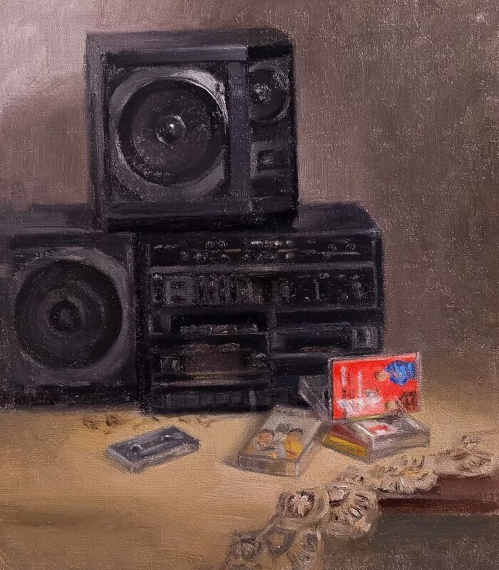 Oil painting of vintage Eastern European stereo with tapes, evoking nostalgia.
