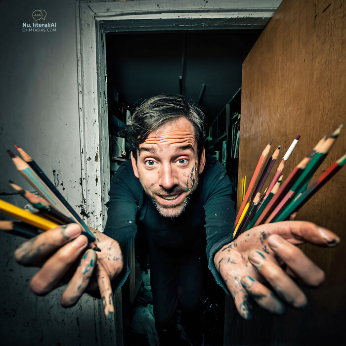 Man holding colorful pencils, with ink-stained hands, illustrating humorous Lithuanian idioms using AI.