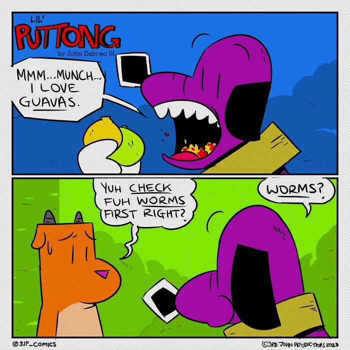 Caribbean webcomic featuring characters discussing guavas and worms humorously in a tropical setting.