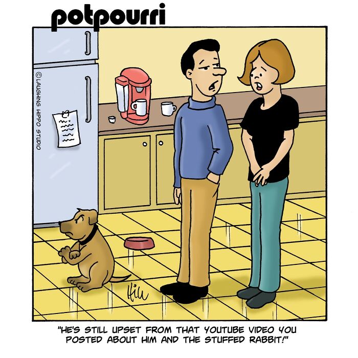 Dog comic by Laughing Hippo Studio showing a couple discussing their upset dog in the kitchen.