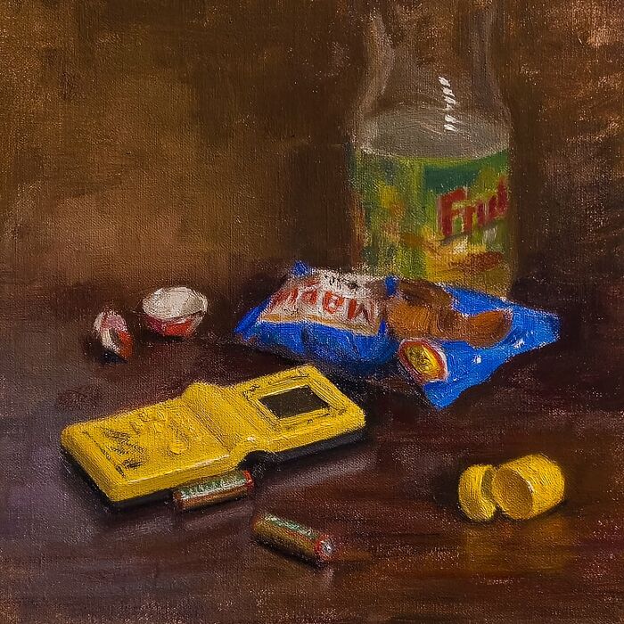 Oil painting depicting Eastern Europe nostalgia with vintage objects and snacks on a wooden table.