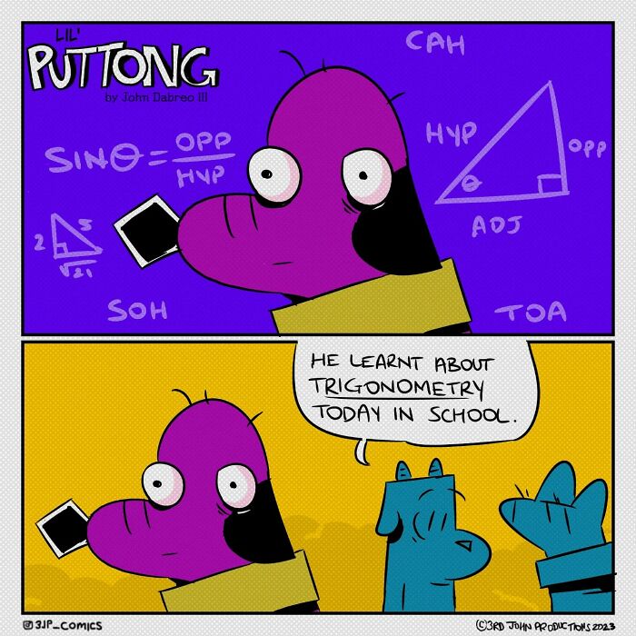 Caribbean webcomics character humorously learns trigonometry, with a confused expression and math symbols in the background.