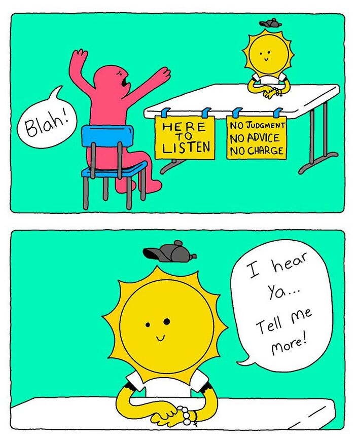 Comics by Chris Jensen showing a character venting to a sun figure at a listening booth.