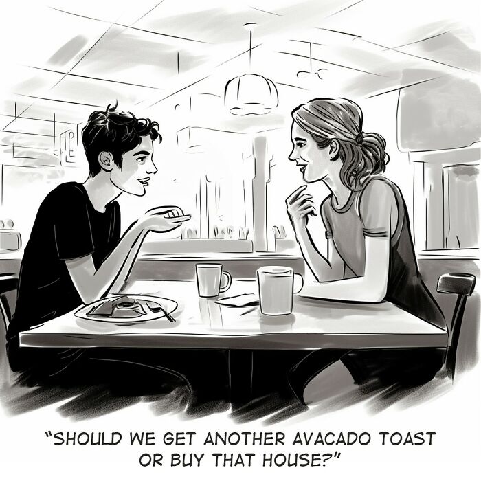 Two people discussing whether to buy avocado toast or a house, depicted in a single-panel comic.