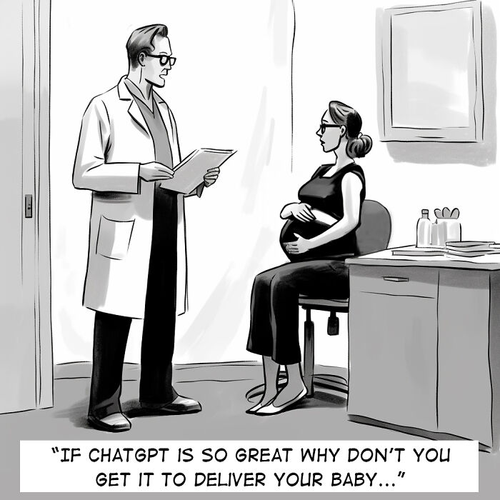 Cartoonist comic with a doctor and pregnant woman discussing technology humor.