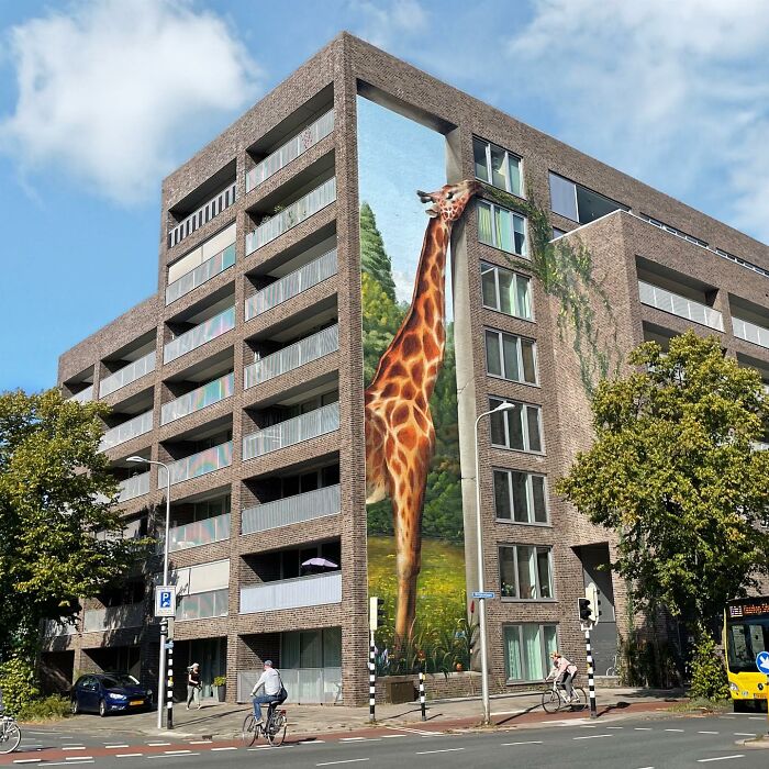 Hyperrealistic mural of a giraffe by Jan Is De Man on a city building wall.