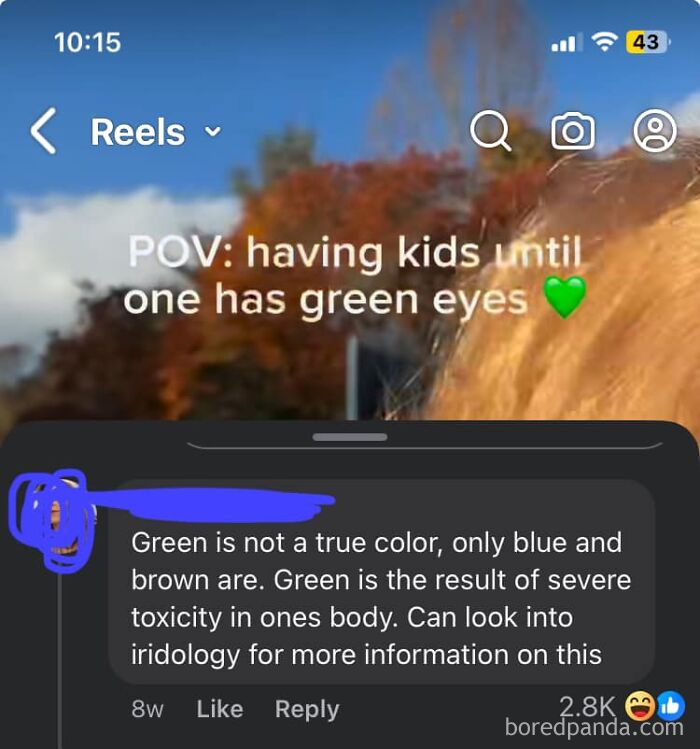Comment claiming green isn't a true eye color, mentioning toxicity and iridology.