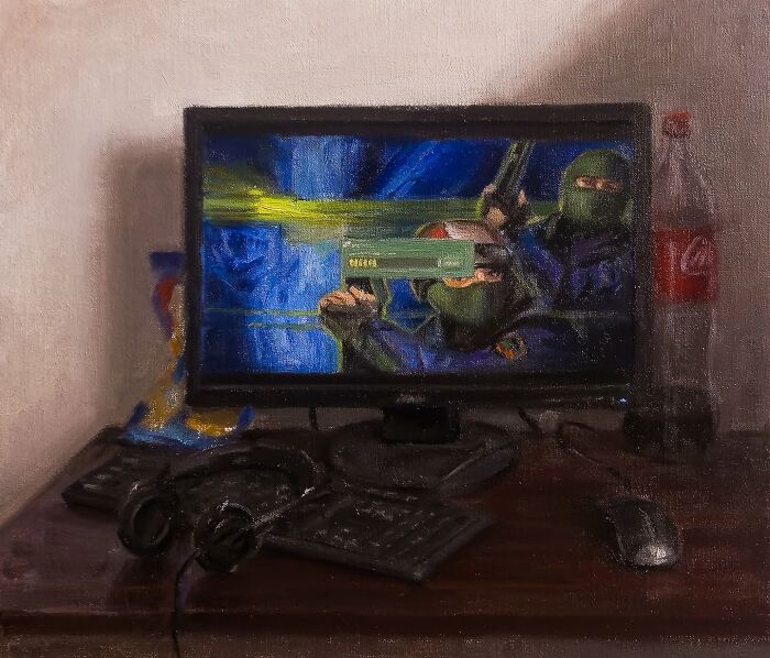 Oil painting depicting Eastern Europe nostalgia with a computer and gaming setup.