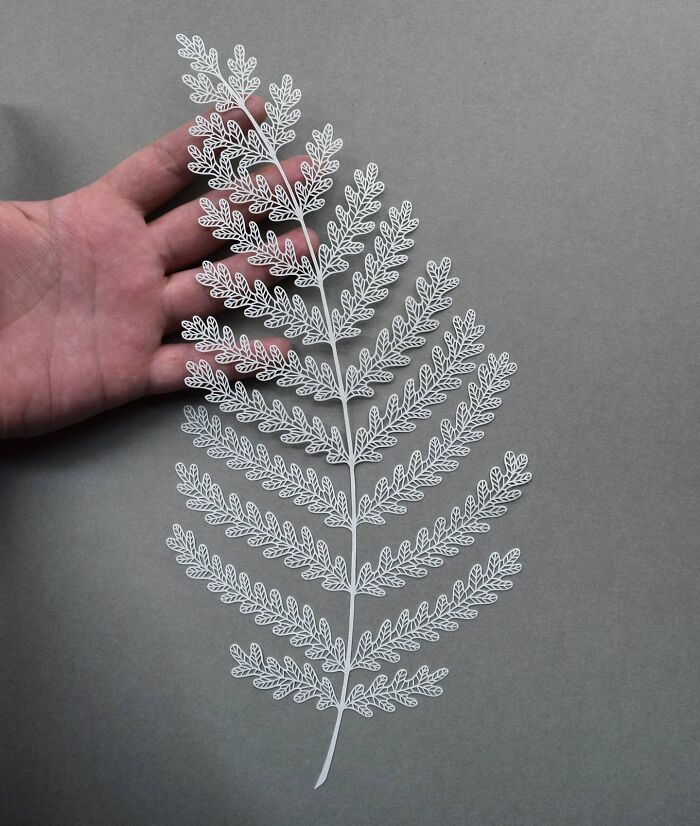 Intricate paper art design inspired by nature, featuring a delicate leaf pattern, held against a gray background.