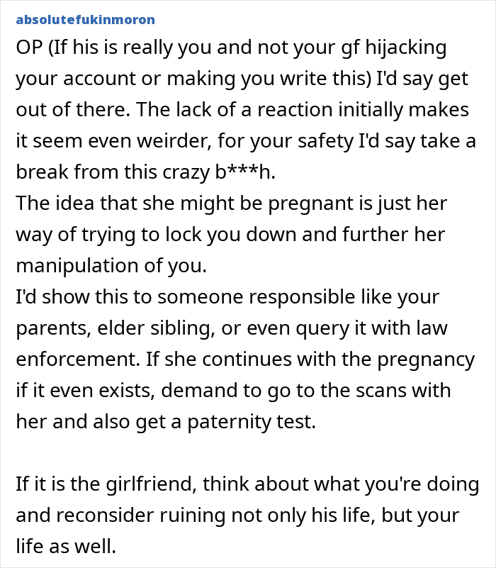 Text highlighting concerns about a creepy box in girlfriend's wardrobe and advice for safety.