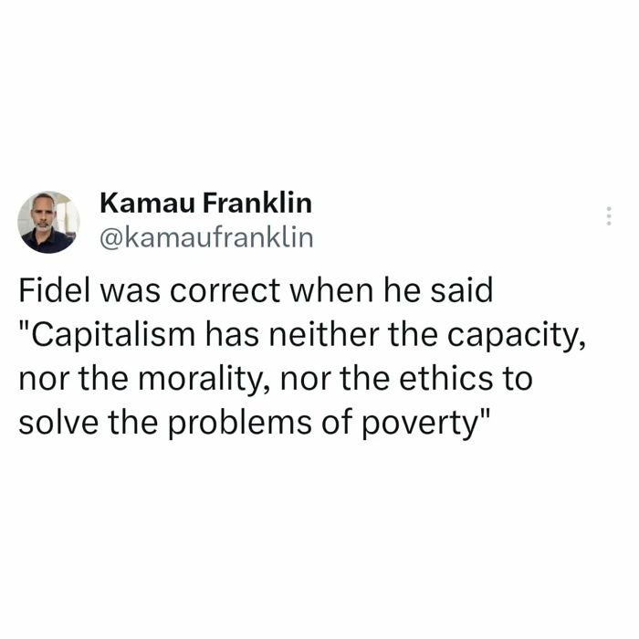 Anti-capitalism post by Kamau Franklin quotes Fidel on capitalism's incapacity to solve poverty.