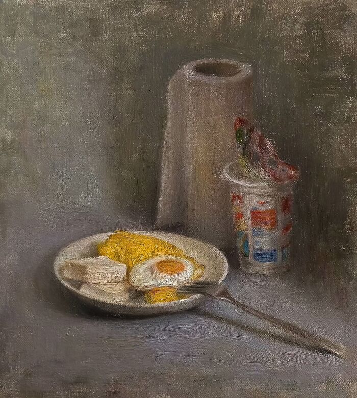 Oil painting depicting Eastern Europe's nostalgia with a still life of eggs, feta, paper roll, and yogurt container.