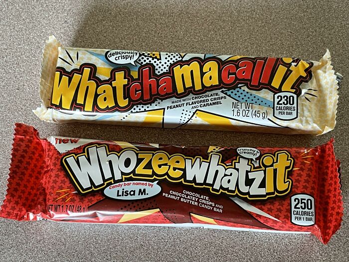Whatchamacallit and Whozeewhatzit candy bars on a table, representing amazing 90s and 2000s food items.