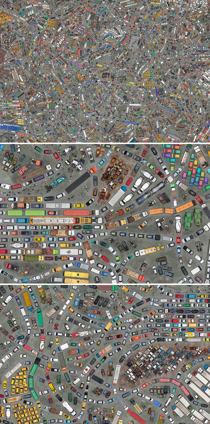 Aerial photo of a dense urban scene with numerous colorful vehicles captured by Cássio Vasconcellos.