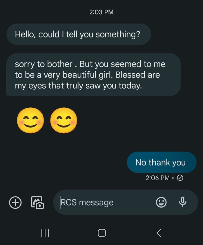 Awkward text exchange showing a compliment and a polite rejection with smiley emojis.
