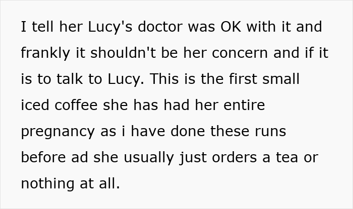 Text addressing colleague's concern over pregnant coworker's coffee choice.