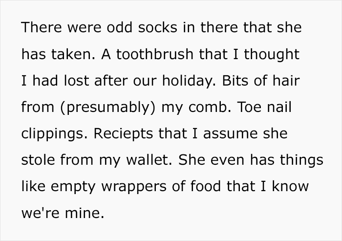 Text about finding a creepy box in girlfriend's wardrobe containing personal items.