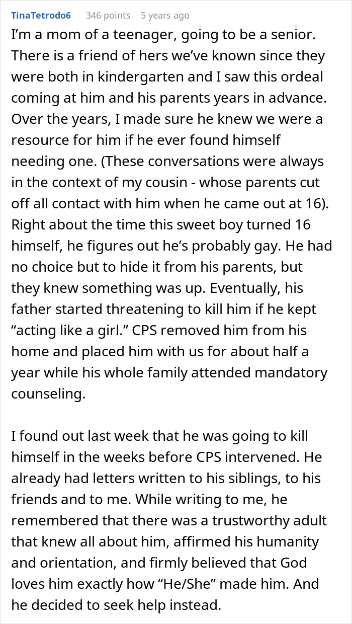 Text post about a teen and their struggles with religious parents over their brother's sexuality.