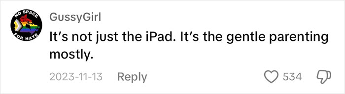 Comment on dangers of "iPad kids" highlighting gentle parenting, by user named GussyGirl with a rainbow logo.