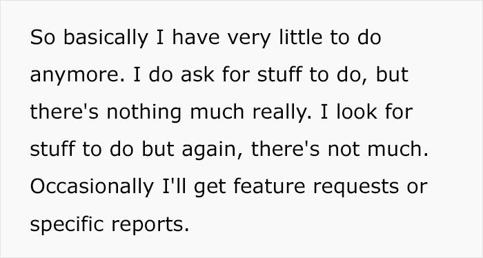 Text from a woman discussing automating her job and having little work to do.