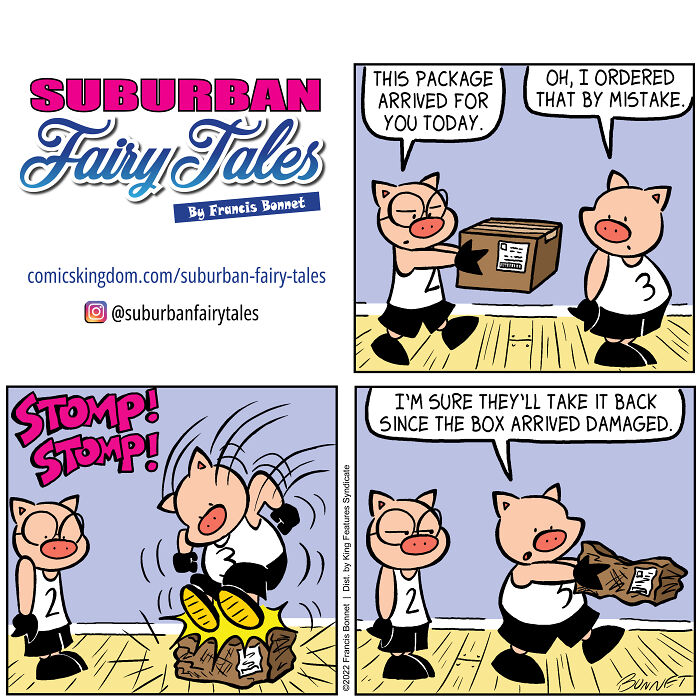 Comic panels showing pigs in a relationship disaster, with one pig angrily stomping a damaged package from a pig's perspective.