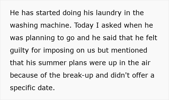 Text about a friend unsure of summer plans after a breakup, feeling guilty while staying at someone else's house.