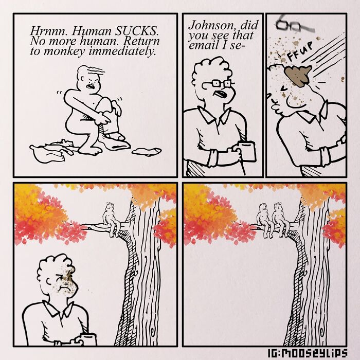 Comic strip by Mooseylips depicting a humorous scene with an office worker and a monkey in a tree.