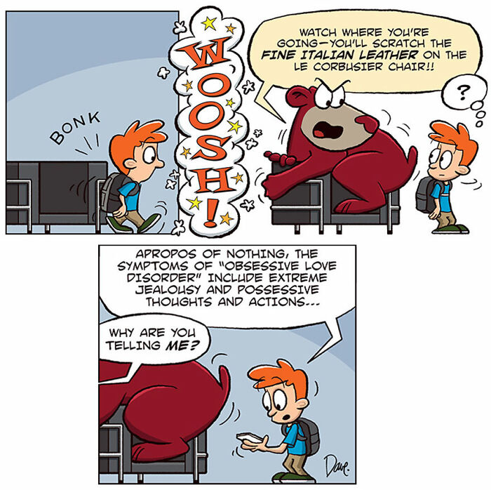 Cartoon of Planey Joey bumping into a chair with a red bear warning about scratching its leather.