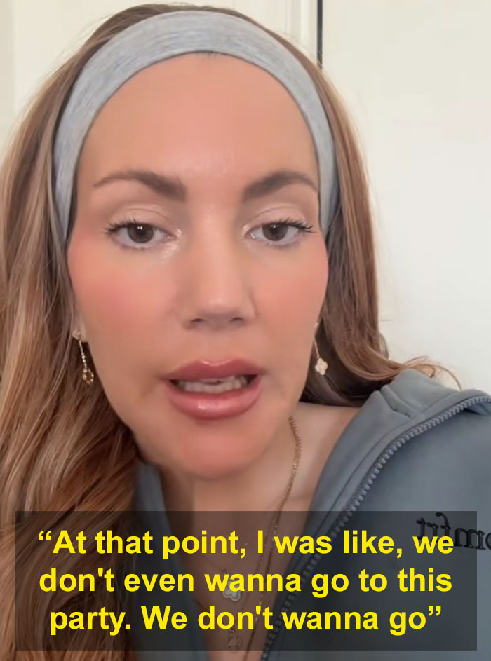 Woman expressing frustration over demands for child's birthday party; text overlay shows conversation about reluctance to attend. Woman expressing frustration over demands for child's birthday party; text overlay shows conversation about reluctance to attend.