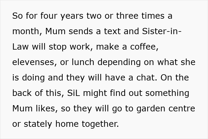 Text excerpt about Mum visiting Sister-in-Law for coffee or lunch, sharing time at garden centers. Text excerpt about Mum visiting Sister-in-Law for coffee or lunch, sharing time at garden centers.