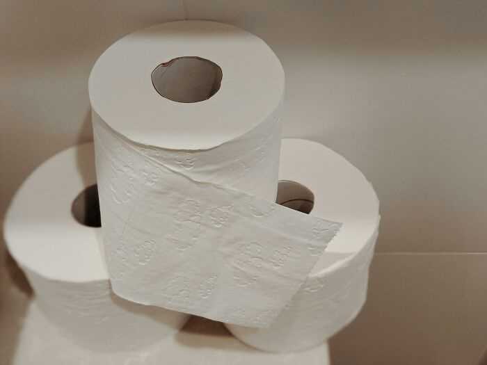 Three rolls of embossed toilet paper stacked together, illustrating bizarre things real men don't do.
