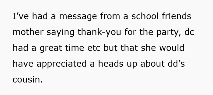 Text message about child's cousin discussed post-birthday party, highlighting communication issue with a parent.