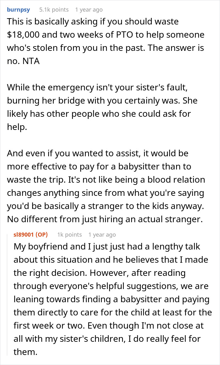 Reddit comments discussing a tough conversation about an $18K trip refusal.