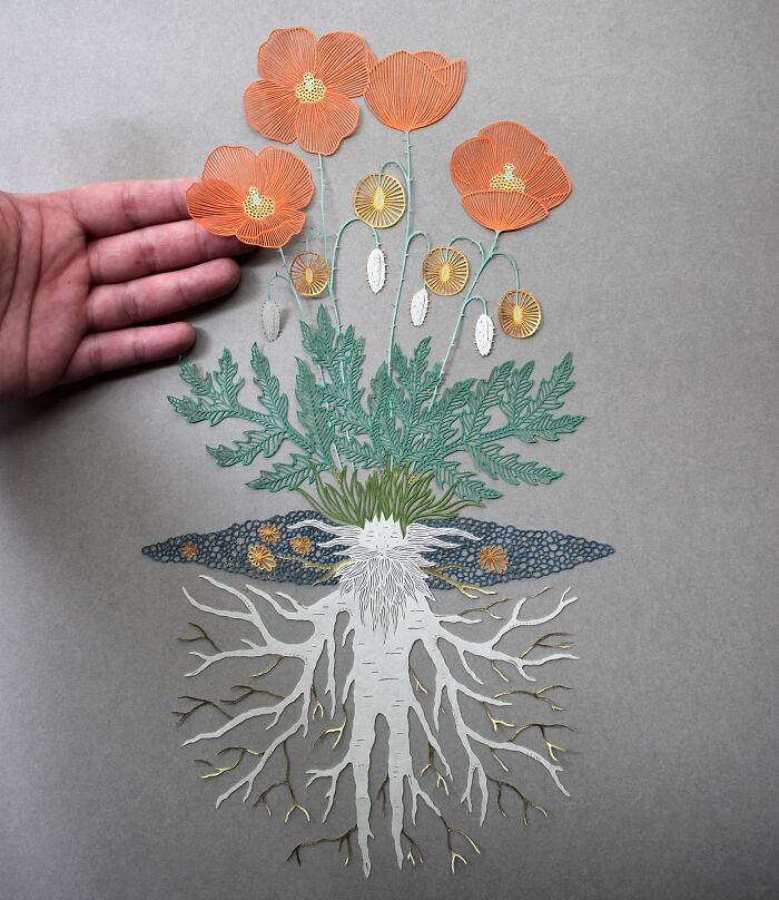 Nature-inspired intricate paper art of orange flowers with roots by Pippa Dyrlaga, hand shown for scale.
