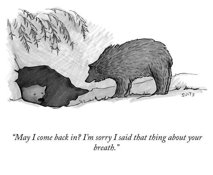 Two bears having a humorous conversation about breath outside a cave, drawn by Julia Suits.
