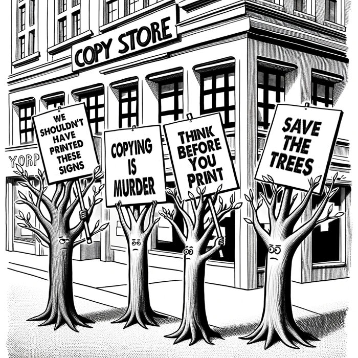 Witty cartoon of trees holding protest signs outside a copy store.