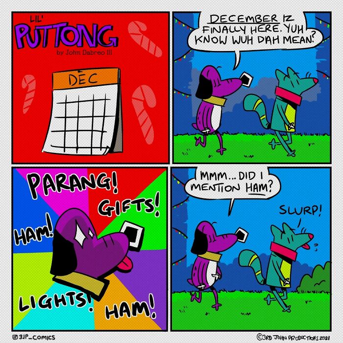 Caribbean webcomic scene with colorful characters humorously discussing December's arrival and holiday treats.