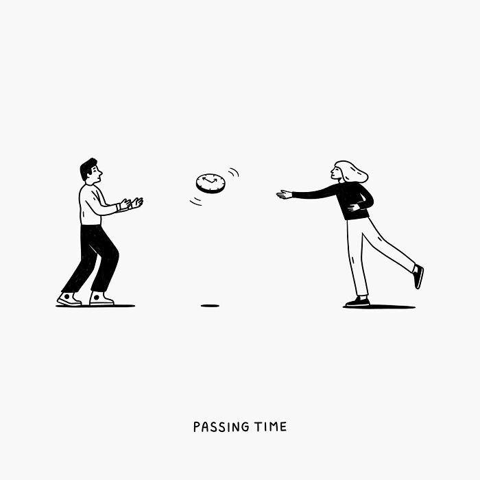 Illustration by John Larigakis depicting two people tossing a clock labeled "Passing Time."
