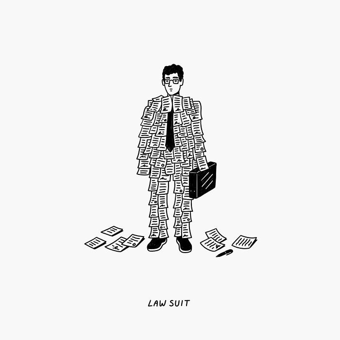 Man wearing a suit made of legal documents, holding a briefcase, with papers scattered on the ground. Illustration by John Larigakis.
